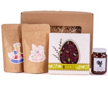 Wielkanocny zestaw prezentowy z dwiema herbatami, czekoladą i konfiturą w opakowaniu z okienkiem - Doskonałe na prezent